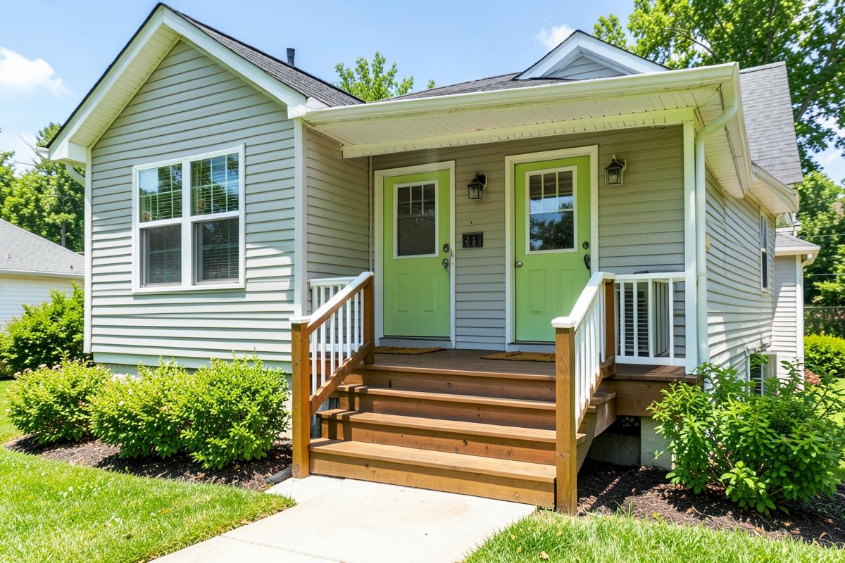 Home exterior with fresh siding and rebuilt front steps